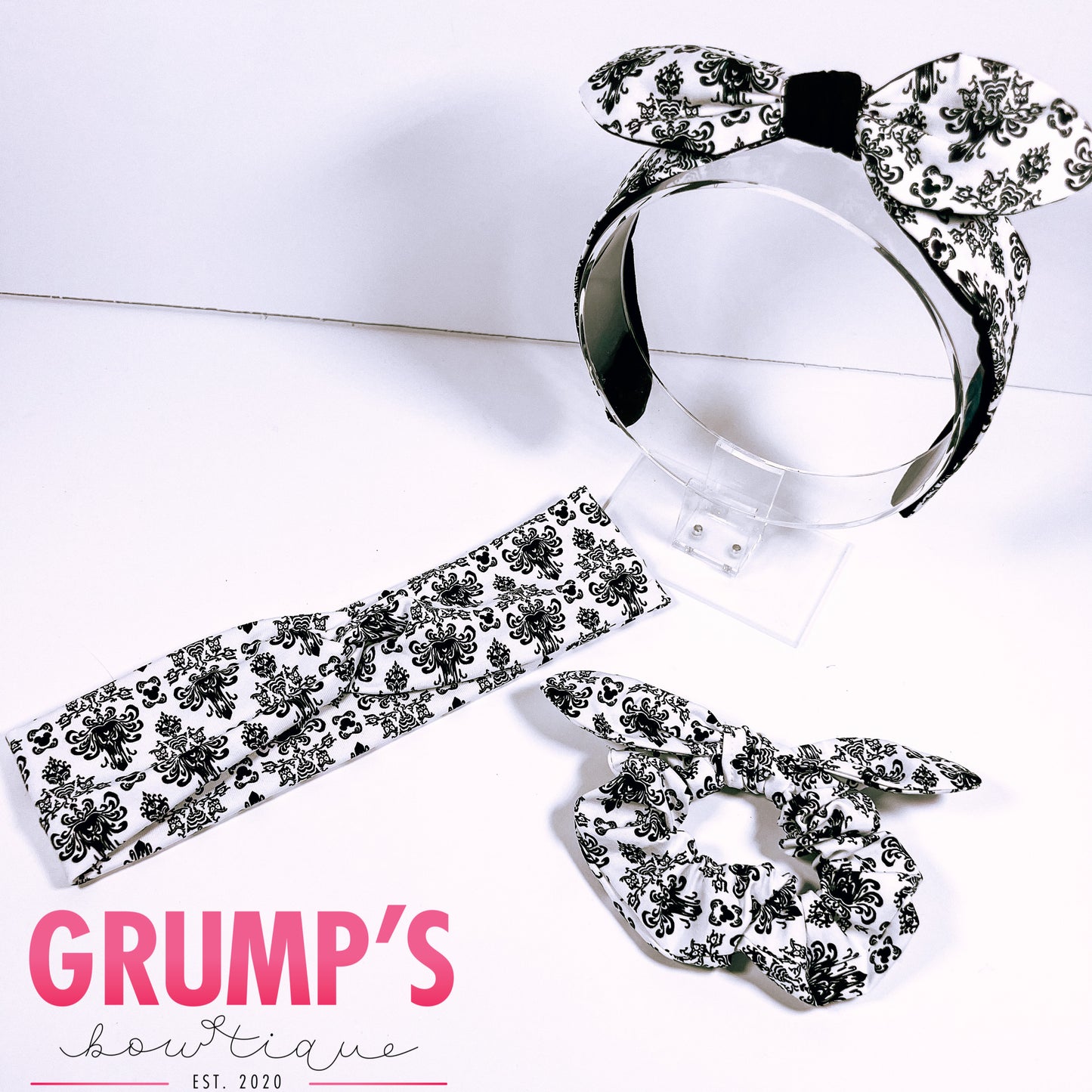 Black/white Spooky Mansion Bowband/ Bow Scrunchie/ Knotted Headband